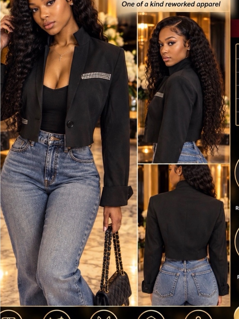 Custom Cropped Black Blazer Jacket with Rhinestone Detail - Women